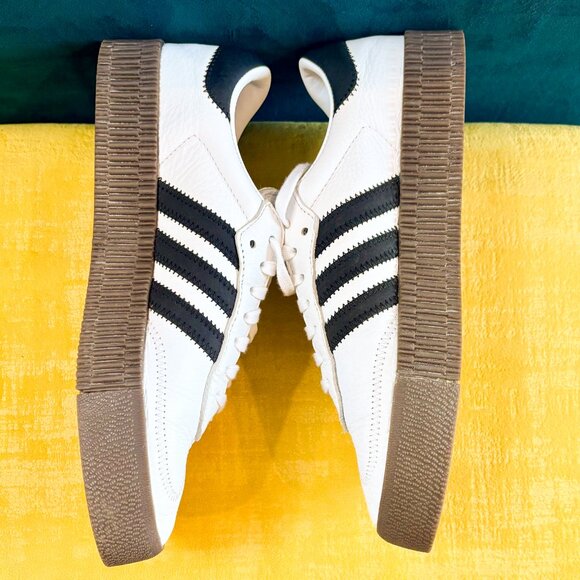 Adidas Sambarose Platform Sneakers - White w/ Black Stripes and Brown Gum Sole - Picture 7 of 10